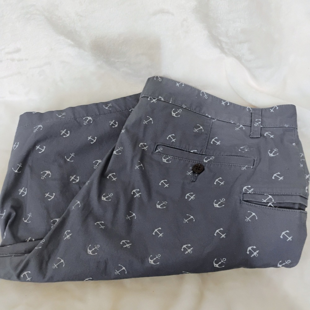 Dockers Mens 38 Gray Blue Anchor Print Chino Shorts Nautical Summer Flat Front X